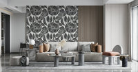 Rustic Black White Block Poppy vine wallpaper, detailed interior design element.