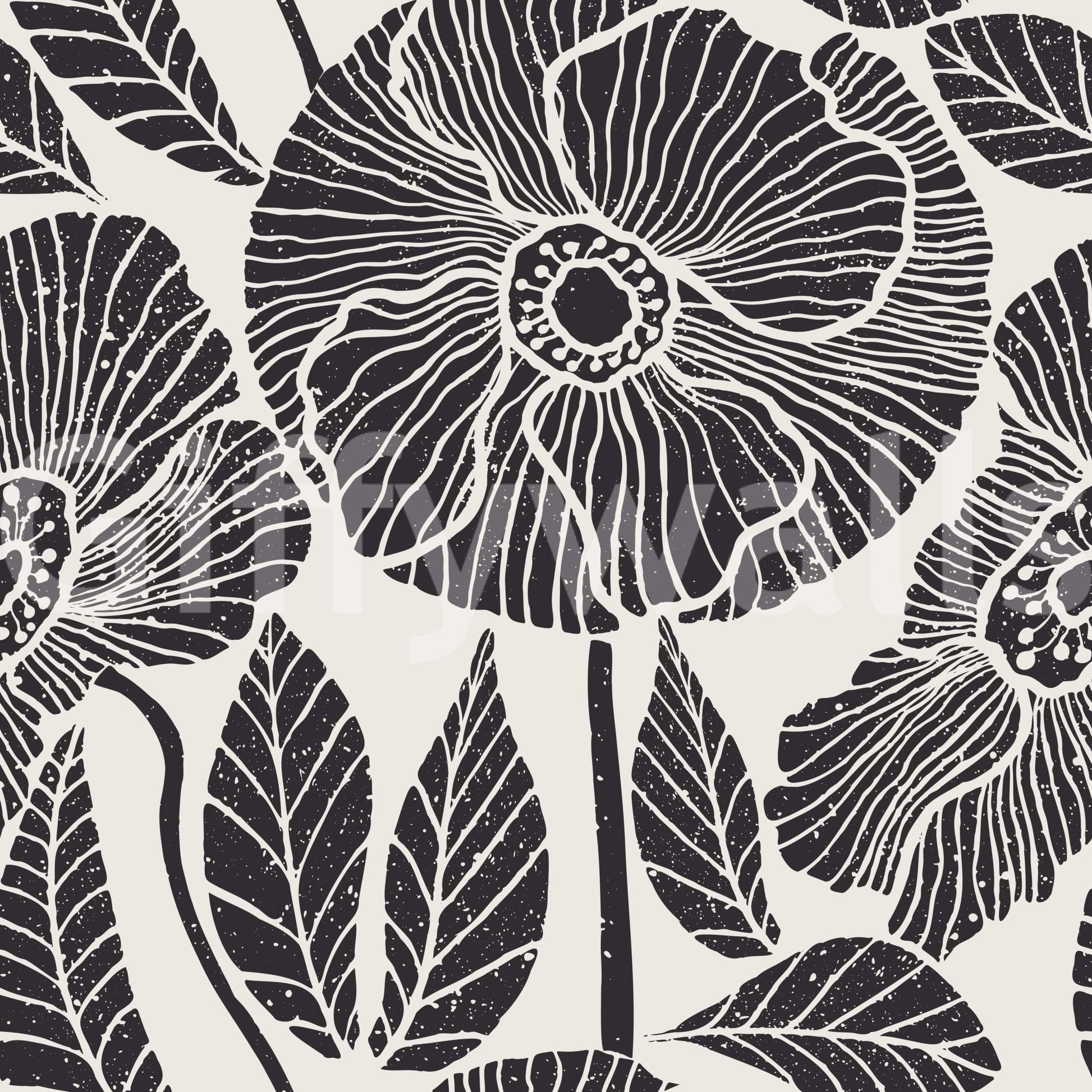 Scandinavian black-white Poppy Meadow wallpaper print, subtle grain texture.