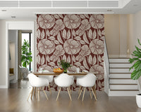 Stylish Poppy Floral wall covering, etched petals, dramatic color palette.