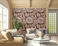 Hand-drawn bloom craft, vintage wall art, Burgundy Block fun covering.