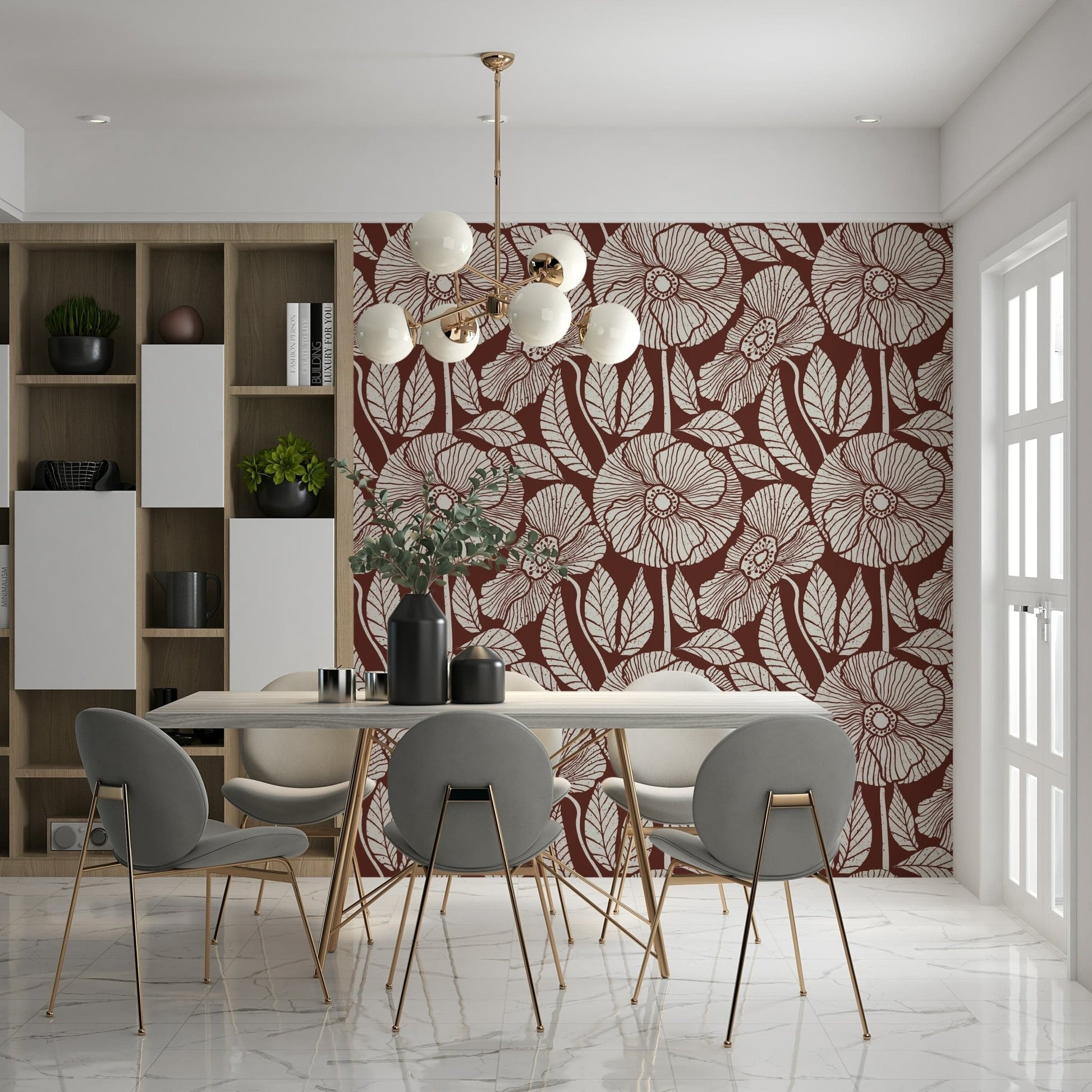 Small, graphic leaves, floral accents, Poppy Floral Modern home décor.