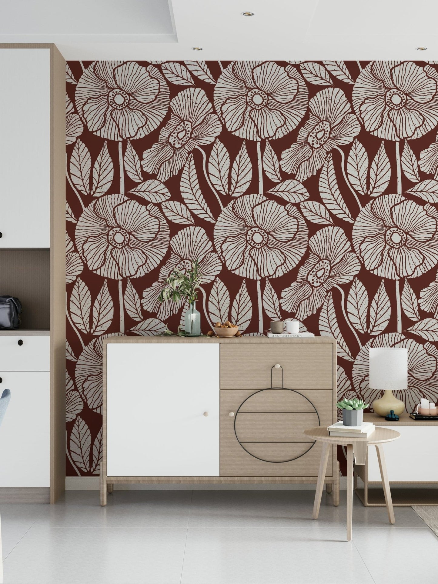 Feature wall mural, charming plant design, neutral terracotta background, bold look.