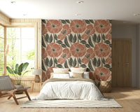 Symmetrical flower head motif on Poppy Floral Modern Rustic Block mural.