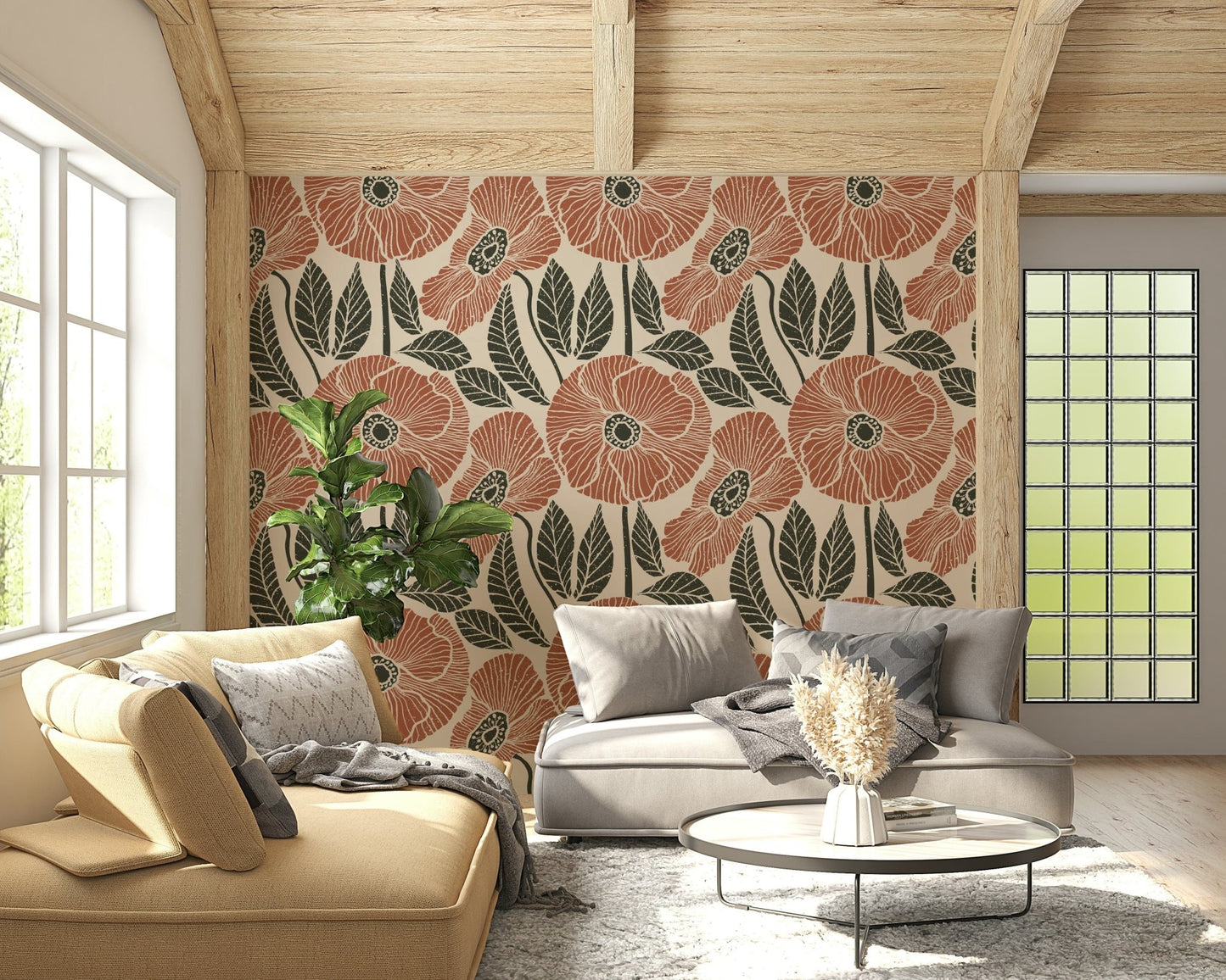 Large stylized poppy flowers on Poppy Floral Modern Rustic Block wallpaper.
