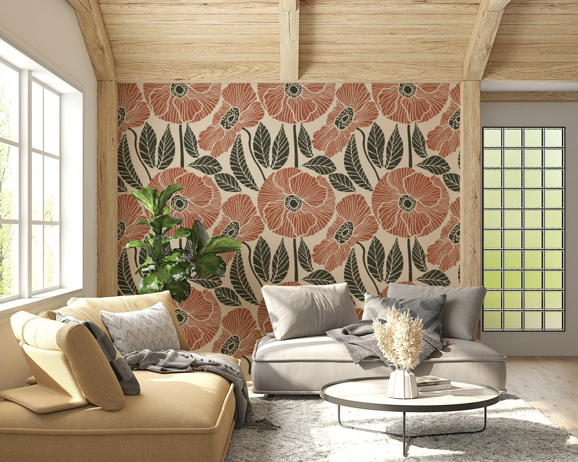 Large stylized poppy flowers on Poppy Floral Modern Rustic Block wallpaper.