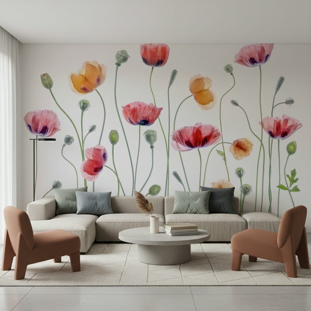 A beautiful modern art wall mural of delicate flowers.


