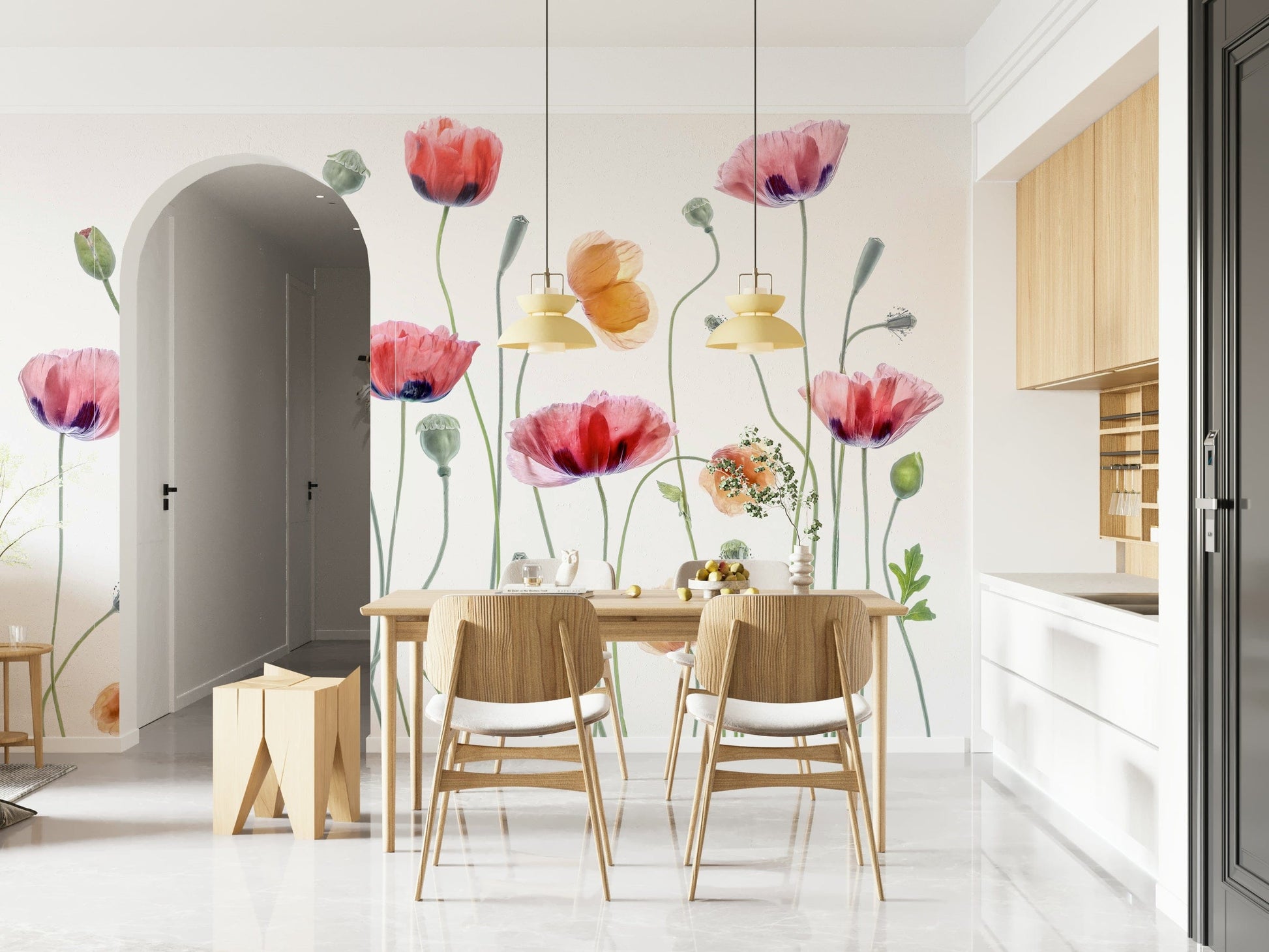 A classic floral wallpaper for walls with a poppy theme.

