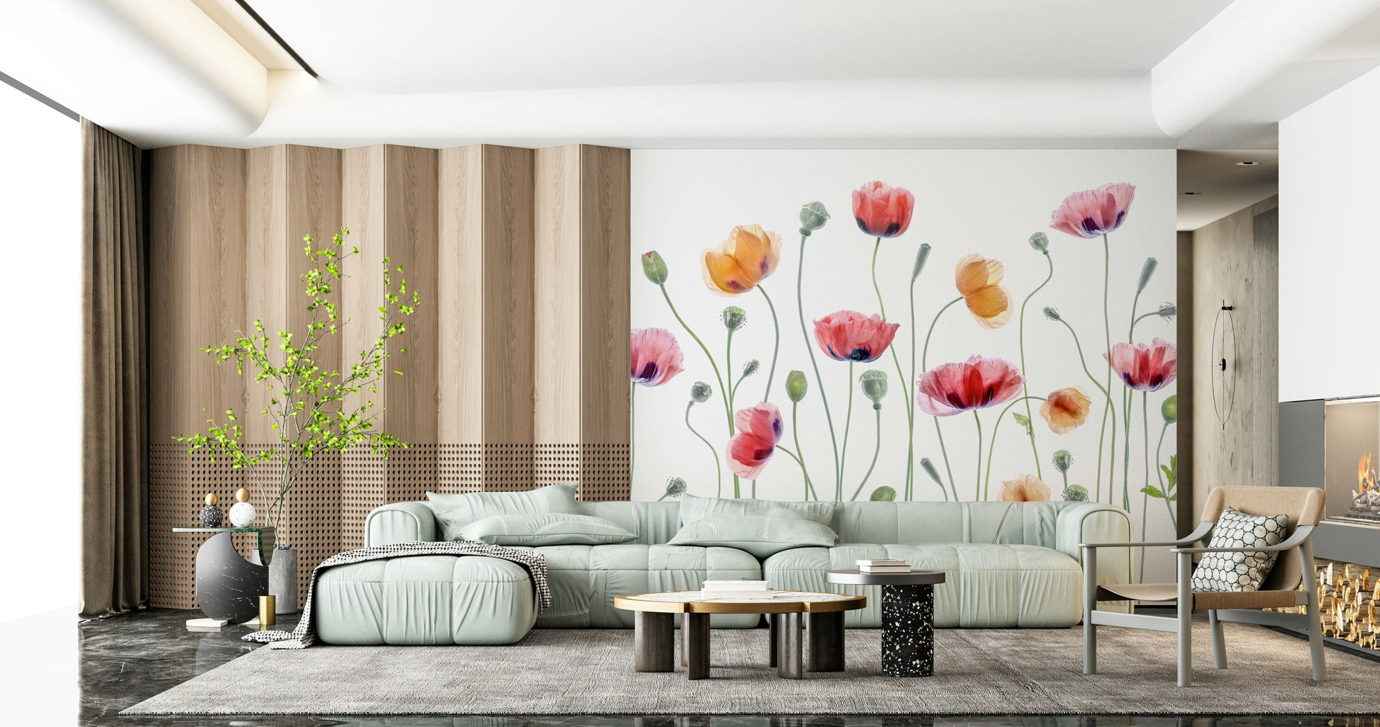A graceful subtle bloom wall mural in soft, tranquil tones.

