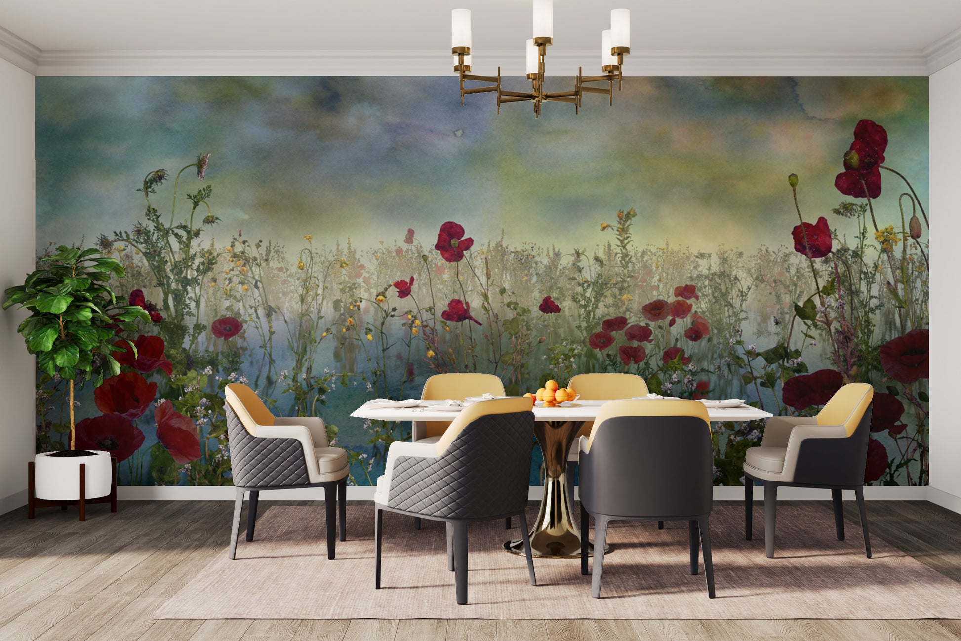 Azure Petal Panorama Poppy Blue Flower wallpaper mural of red poppies behind a white dining table and grey chairs
