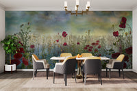 Azure Petal Panorama Poppy Blue Flower wallpaper mural of red poppies behind a white dining table and grey chairs