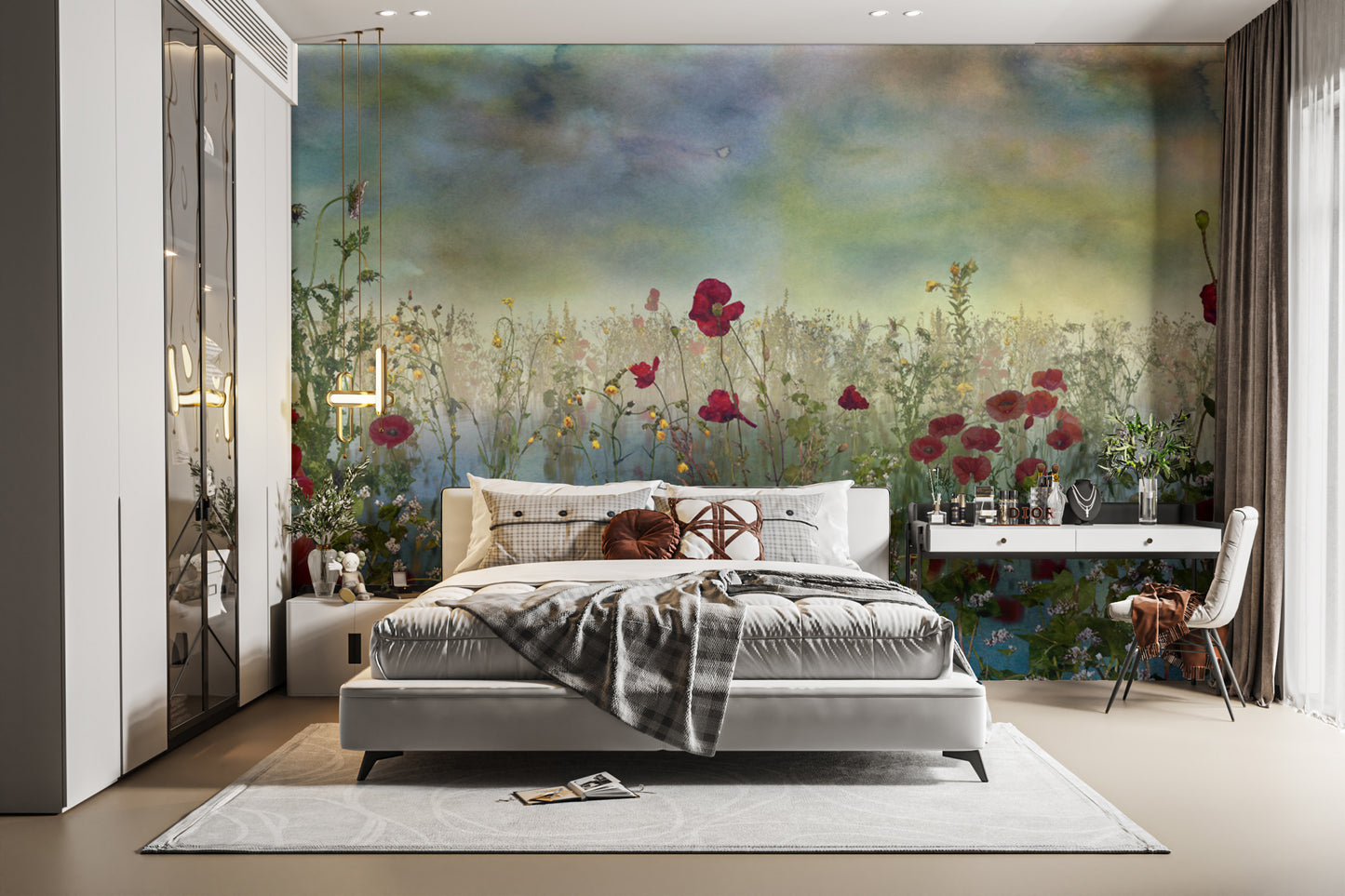 Azure Petal Panorama Poppy Blue Flower wallpaper mural of a poppy field behind a white platform bed in a bedroom
