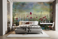 Azure Petal Panorama Poppy Blue Flower wallpaper mural of a poppy field behind a white platform bed in a bedroom