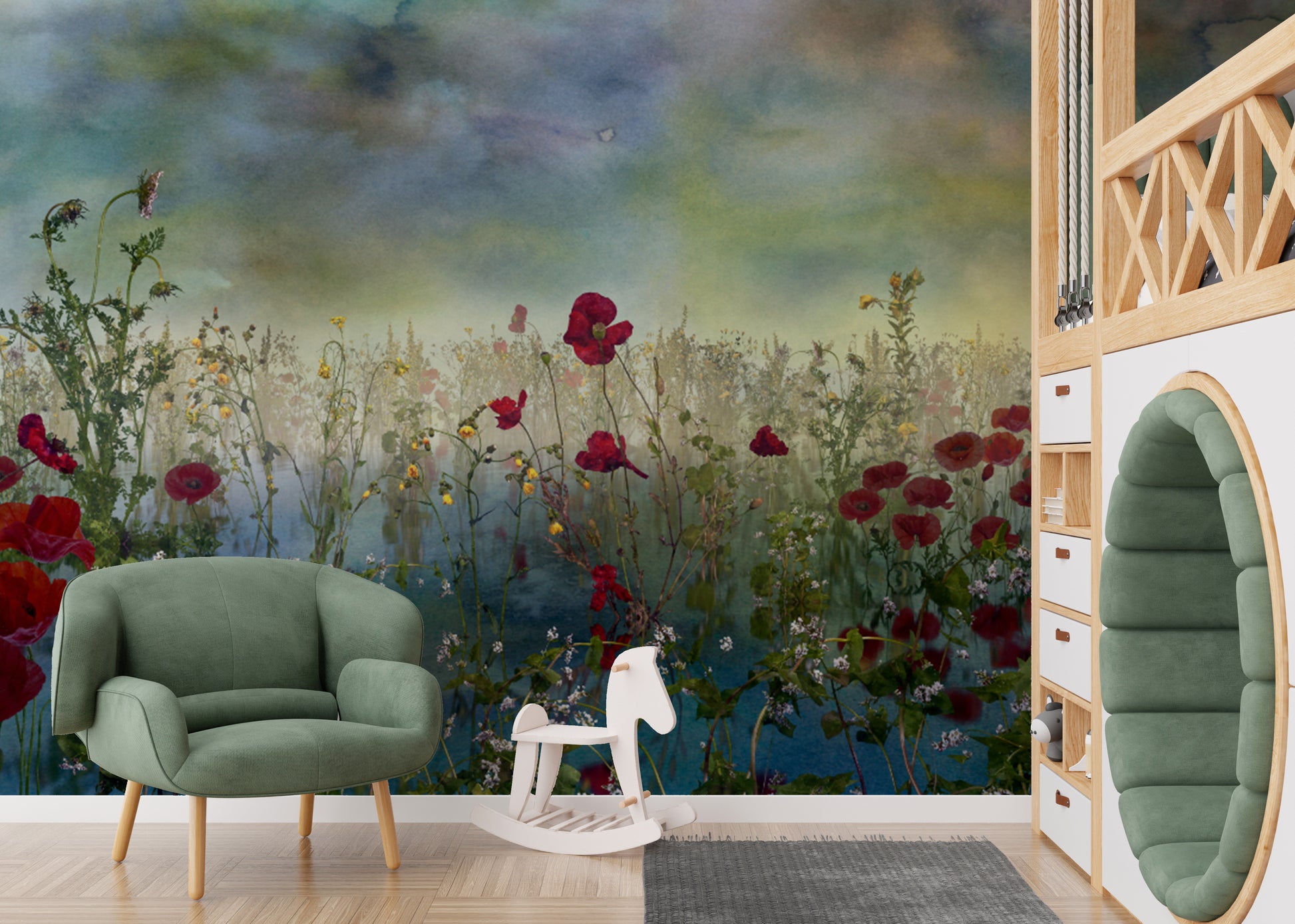 Azure Petal Panorama Poppy Blue Flower wallpaper mural of red poppies behind a green armchair in a kids nursery