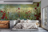 Poppy Flower Watercolor Green wallpaper mural with red poppies above a concrete platform bed and rust sofa