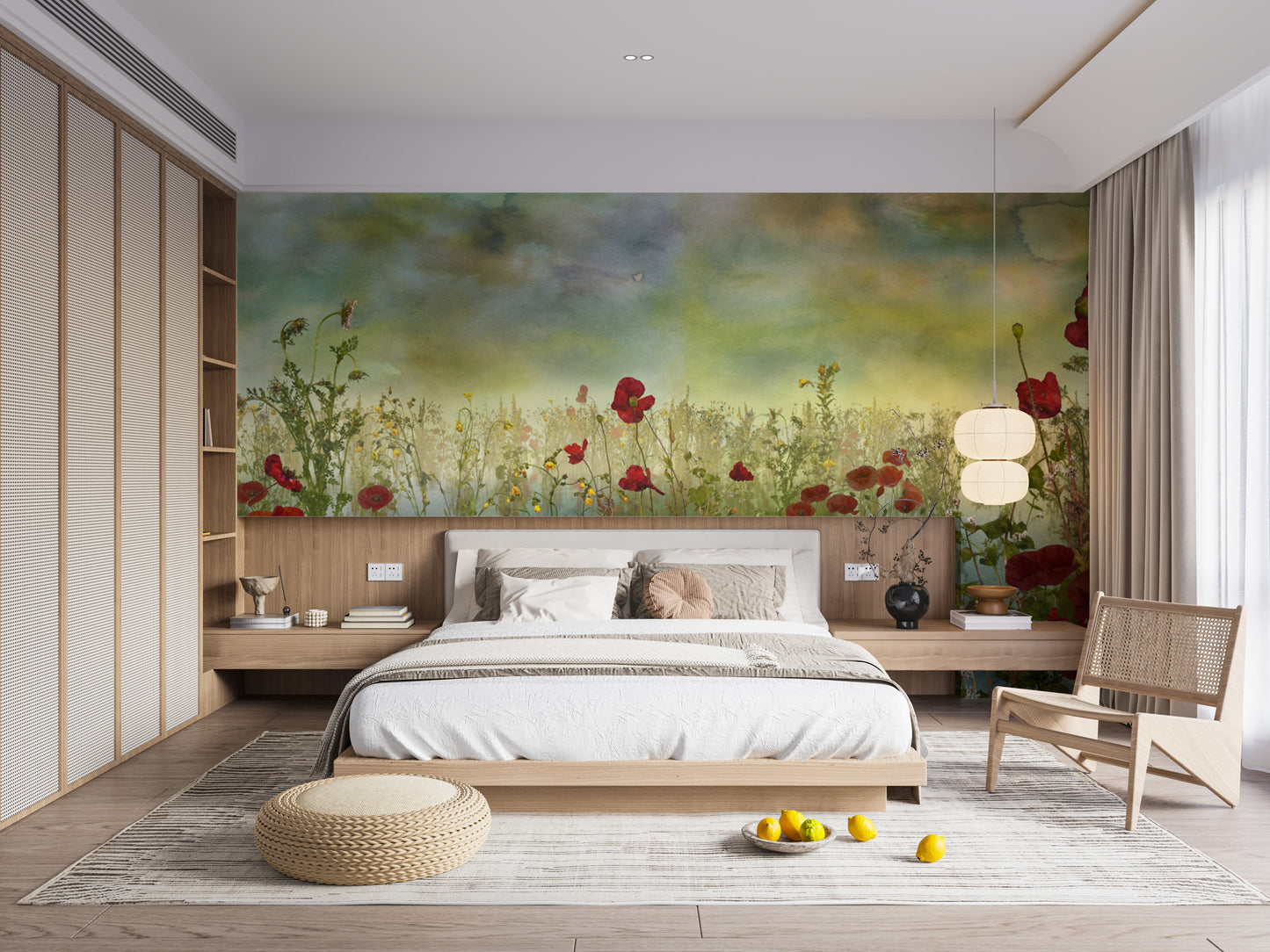 Poppy Flower Watercolor Green wallpaper mural of poppies on green behind a low wood bed with paper lantern lights
