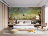 Poppy Flower Watercolor Green wallpaper mural of poppies on green behind a low wood bed with paper lantern lights