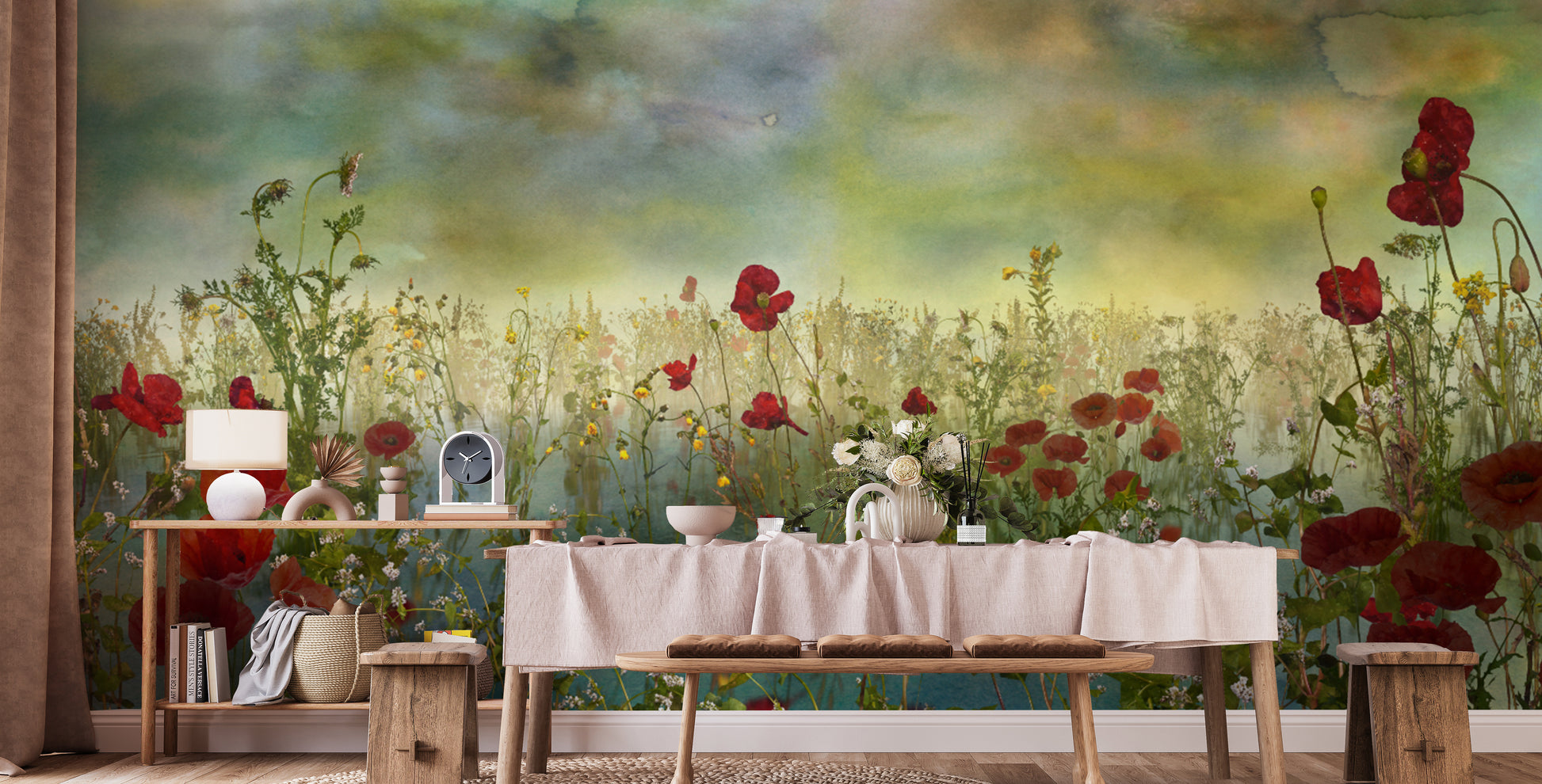 Poppy Flower Watercolor Green wallpaper mural with red poppy meadow behind a wooden bench and console with a lamp