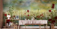 Poppy Flower Watercolor Green wallpaper mural with red poppy meadow behind a wooden bench and console with a lamp