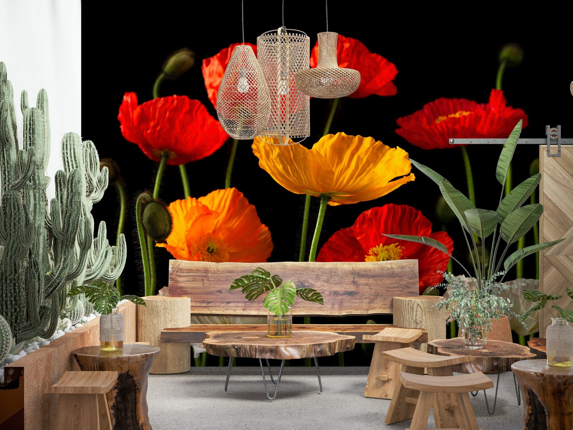 Decorative poppy wallpaper highlighting bright red and yellow flowers in a bold layout.