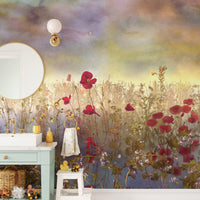Poppy Red Color Flower wallpaper mural of red poppies in a bathroom with a green vanity and round mirror