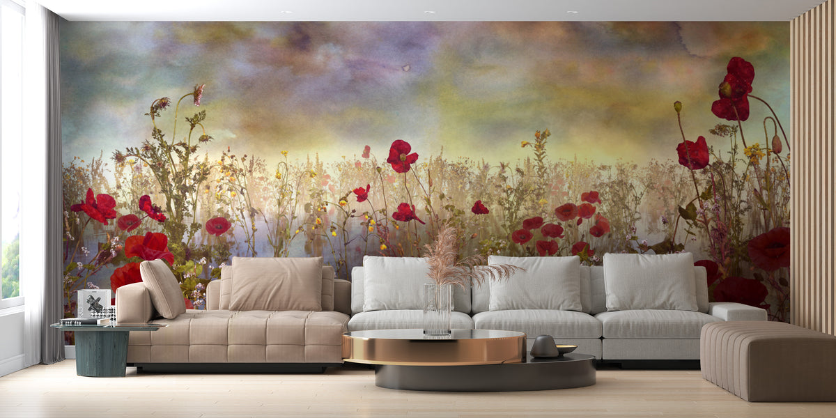 Poppy Red Color Flower wallpaper mural of a poppy field behind two cream sofas and a round coffee table