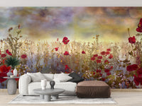 Poppy Red Color Flower wallpaper mural of red poppies at sunset behind a white sofa and brown leather ottoman