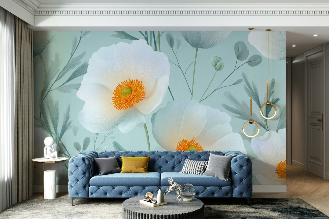 Features graceful poppy flowers in various stages of bloom.
