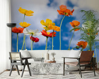 Delightful Blue Sky Bouquet wall mural of poppies reaching the heavens.
