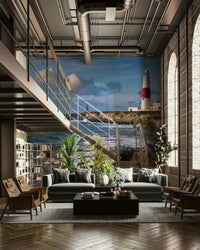 Portland Bill lighthouse and crashing waves wall mural for coastal style.

