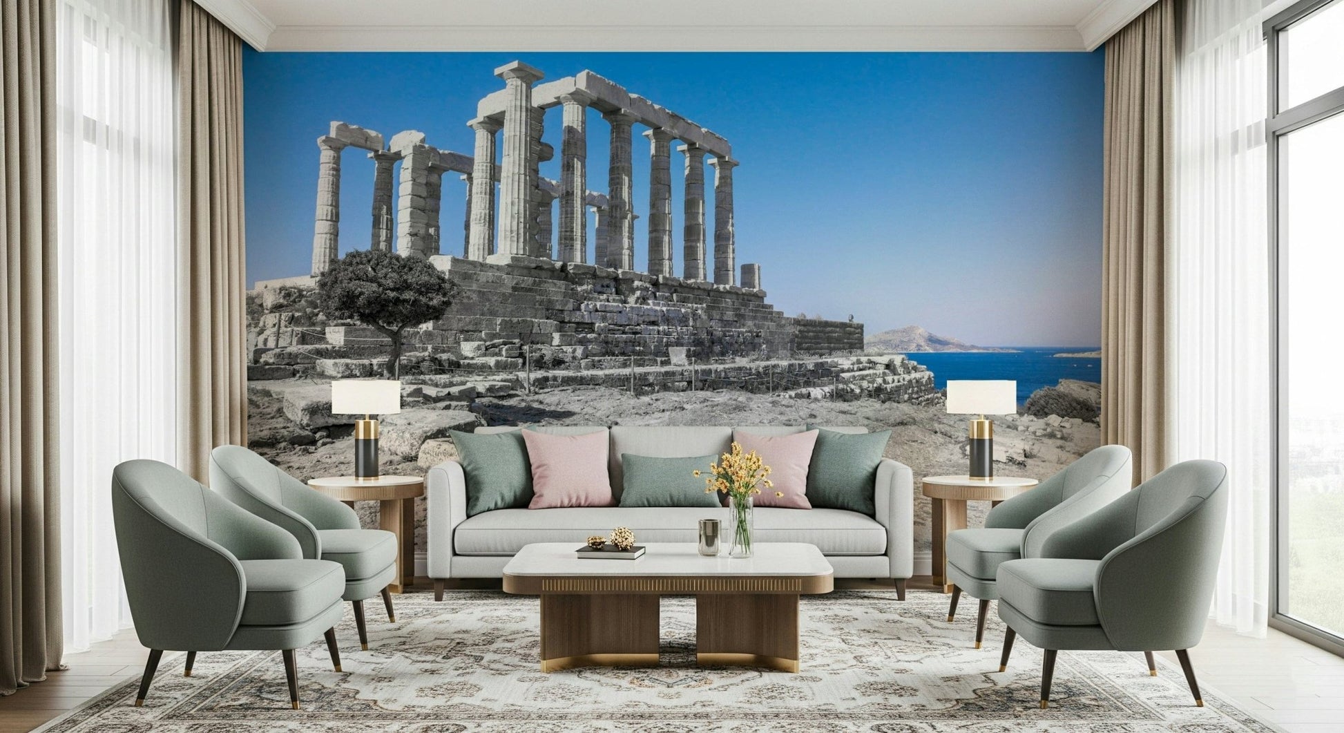 This wallpaper features the ancient Temple of Poseidon standing majestically against a bright blue sky and sea.