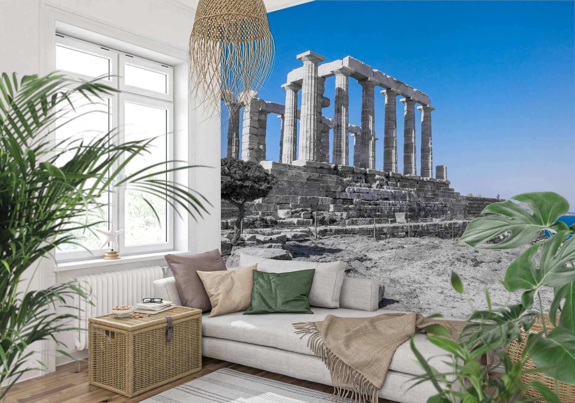 A striking wallpaper showcasing the iconic stone columns of the Poseidon Temple overlooking the Aegean Sea.