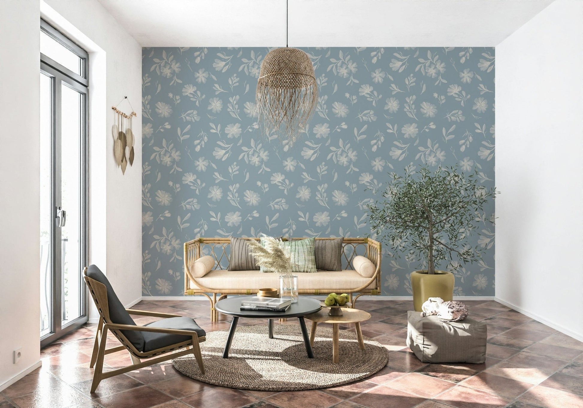 Powder Blue Bloom vintage meadow peel and stick wallpaper.