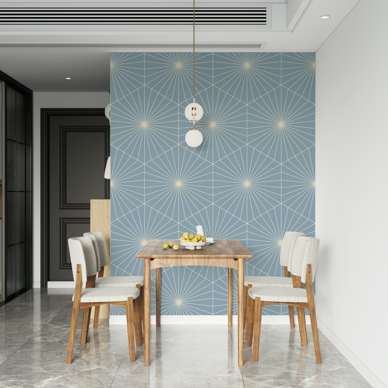 Delicate fanning pattern Powder Blue Radiance wallpaper for gentle decor.