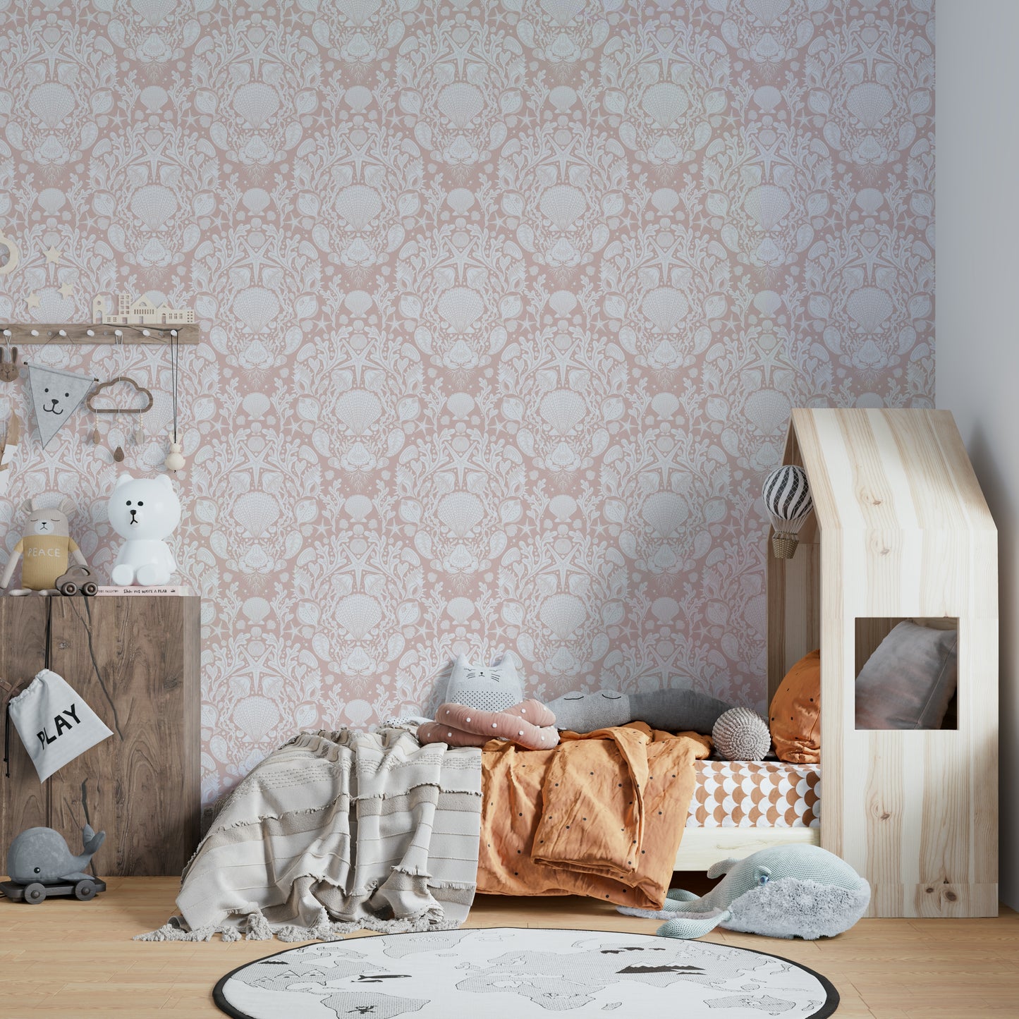 Subtle sea life pattern in white damask style

