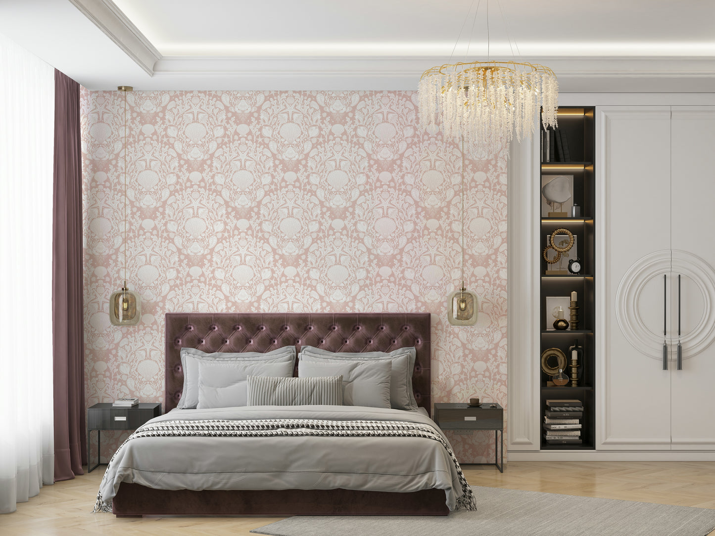 Nautical damask design on powder white walls

