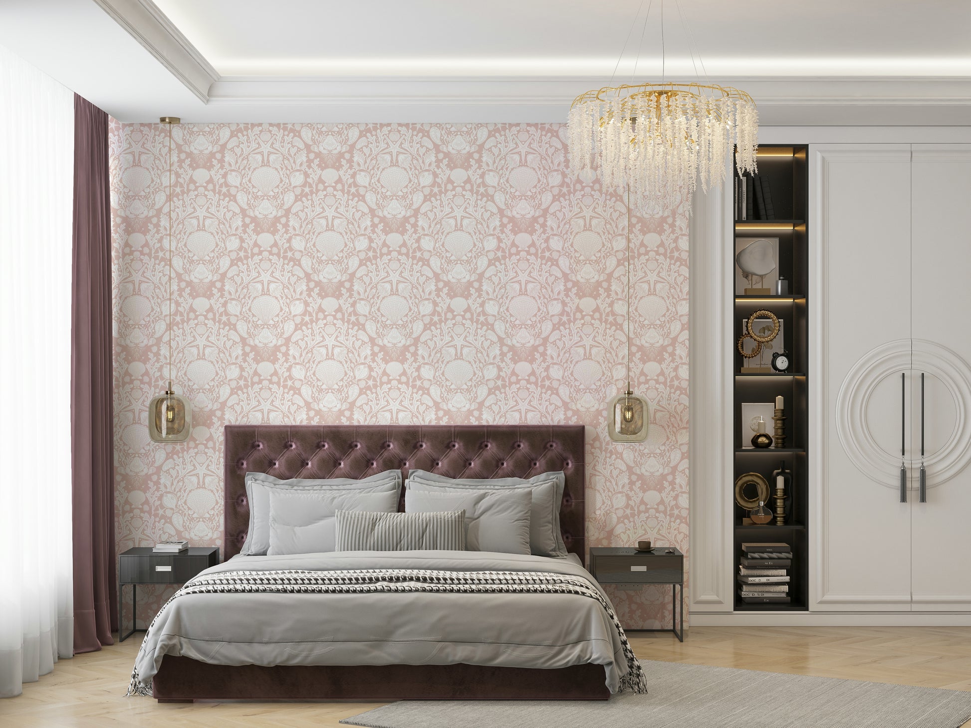 Nautical damask design on powder white walls

