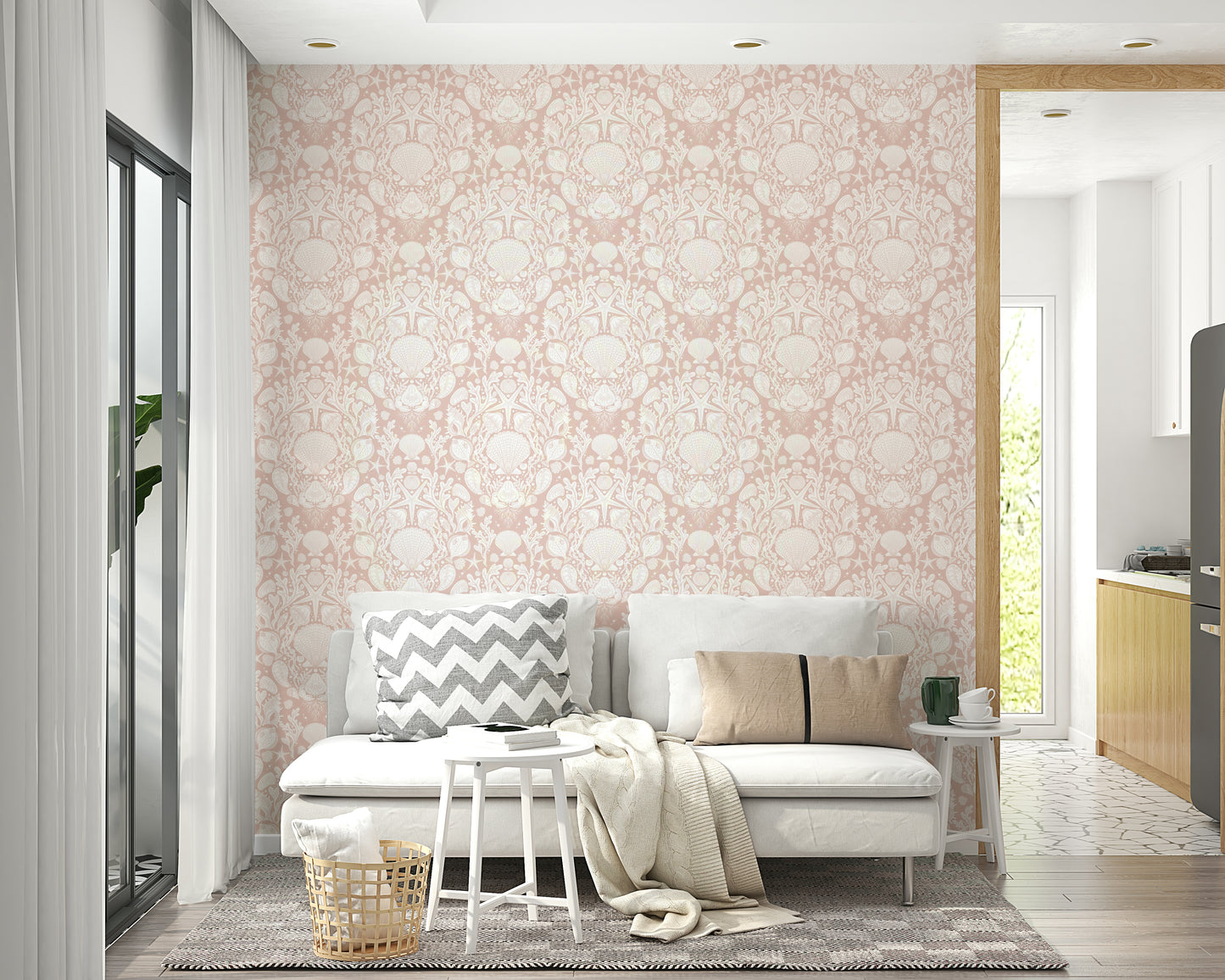 Deep sea-inspired damask wallpaper close-up

