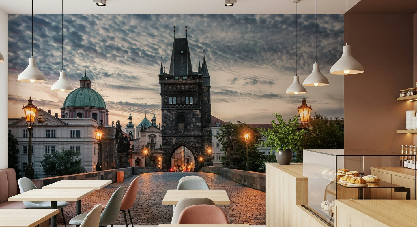 Hand-painted Prague landmarks adapted into city wallpaper mural
