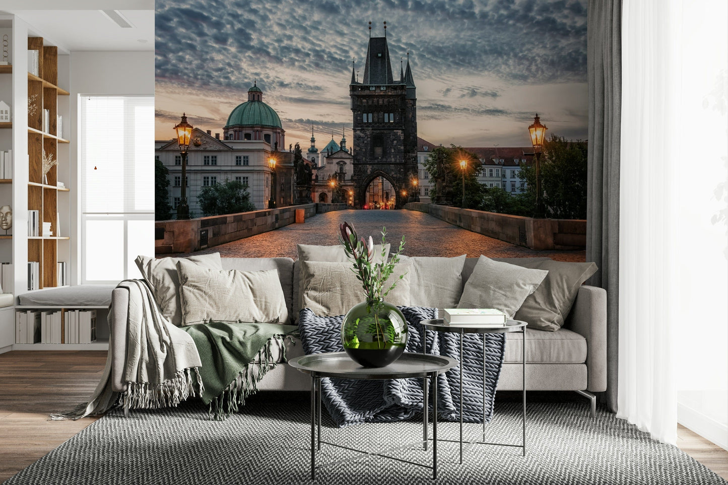 Scenic Prague river view rendered in artistic city wallpaper style