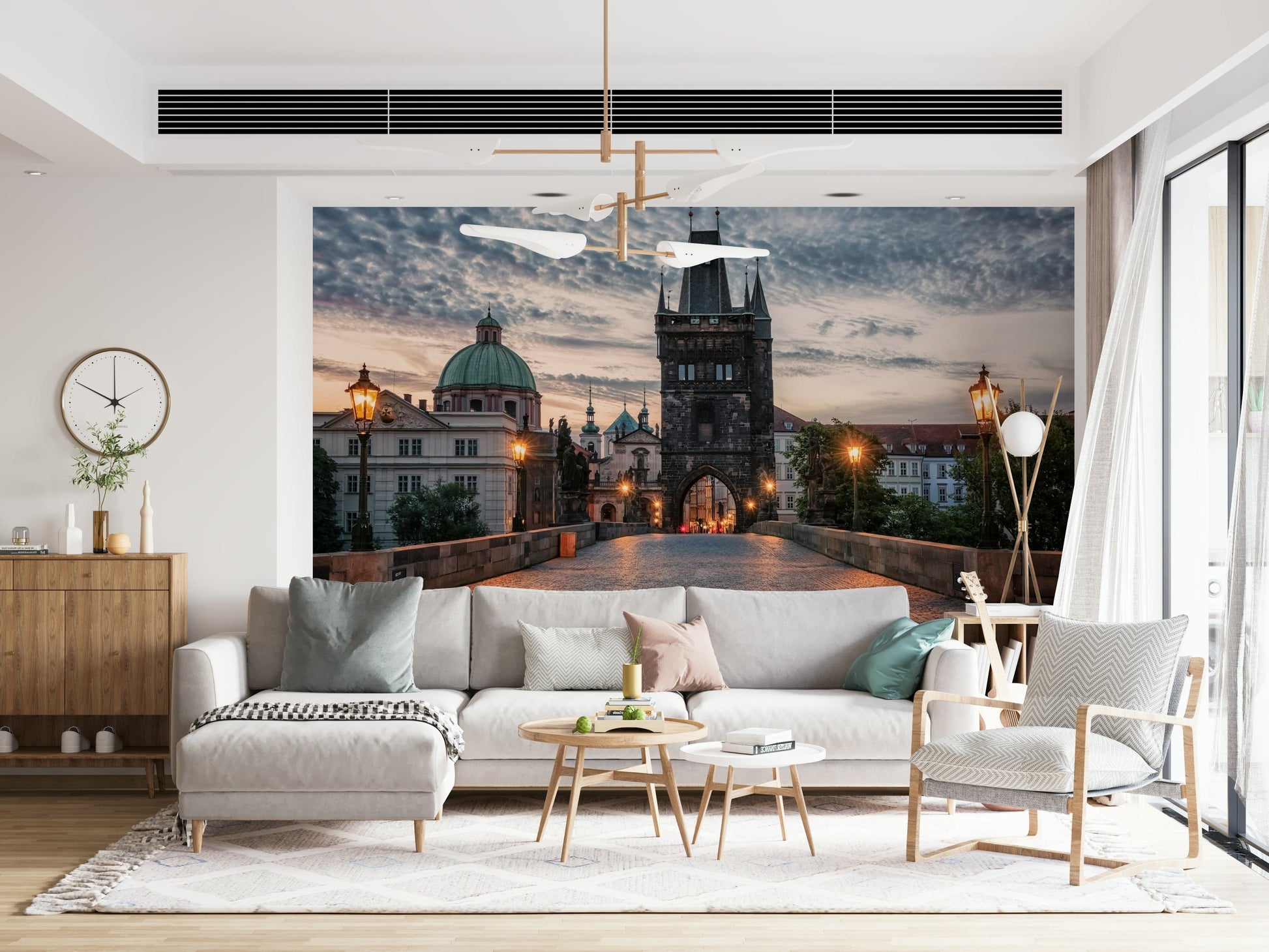 Vintage Prague rooftops illustration used as city wallpaper décor