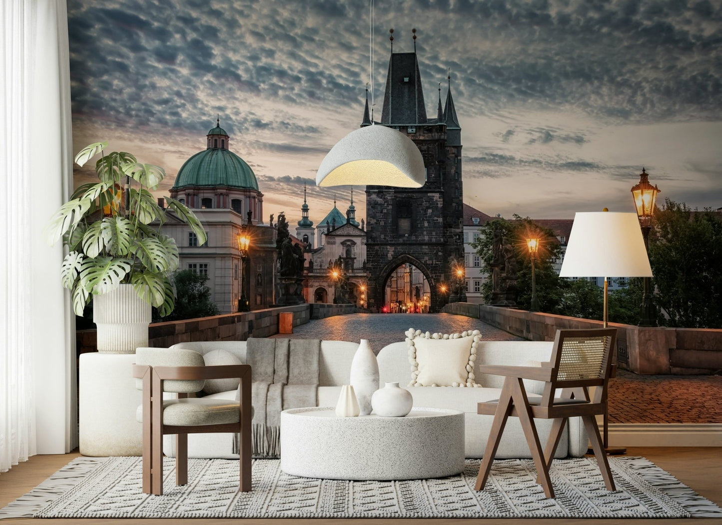 Charles Bridge evening scene hand-drawn city wallpaper design