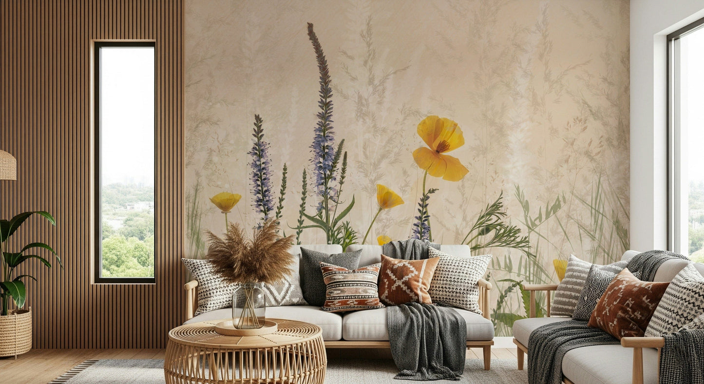 A beautiful modern art wall mural of delicate flowers.

