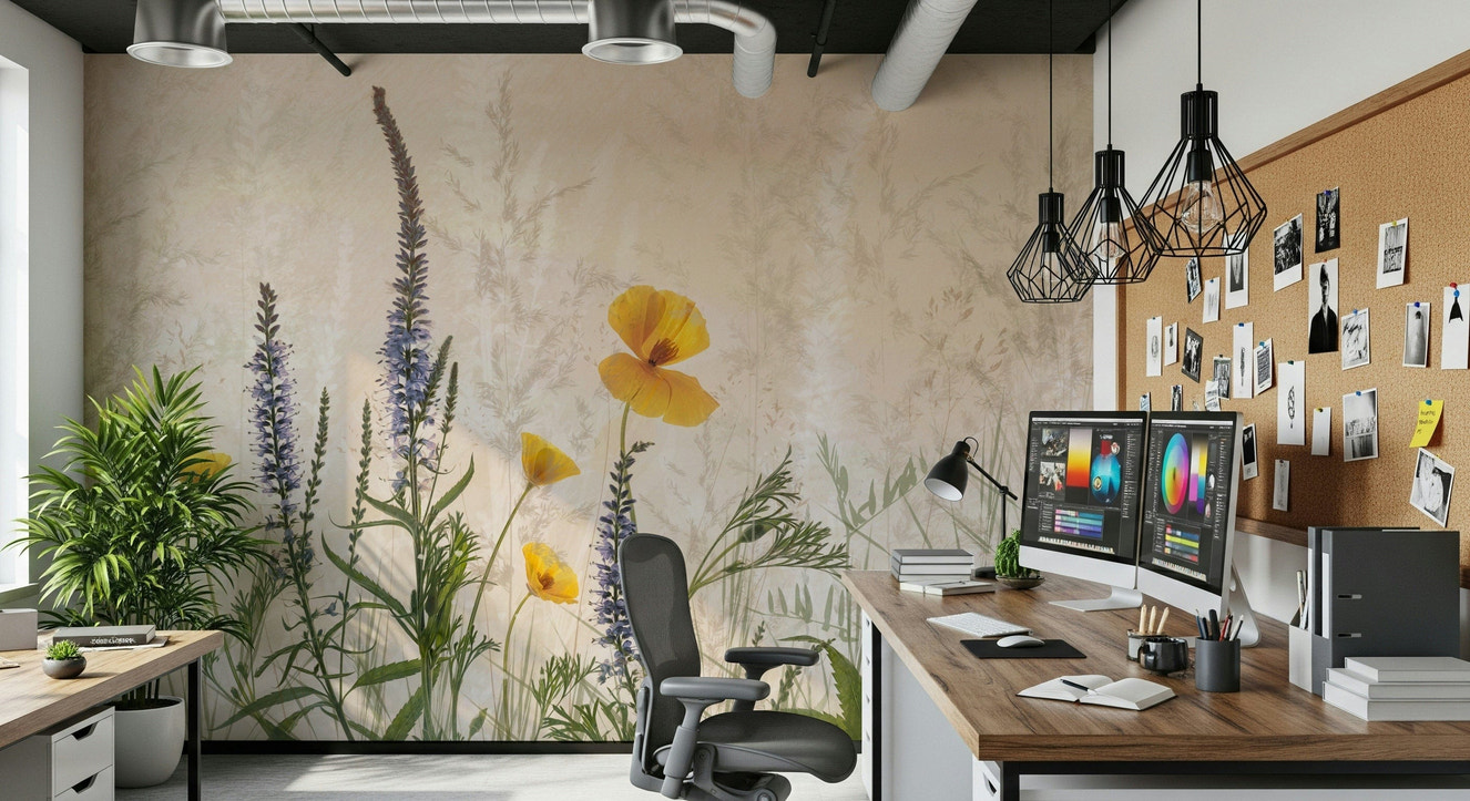 A beautiful serene floral wallpaper mural of prairie blooms.

