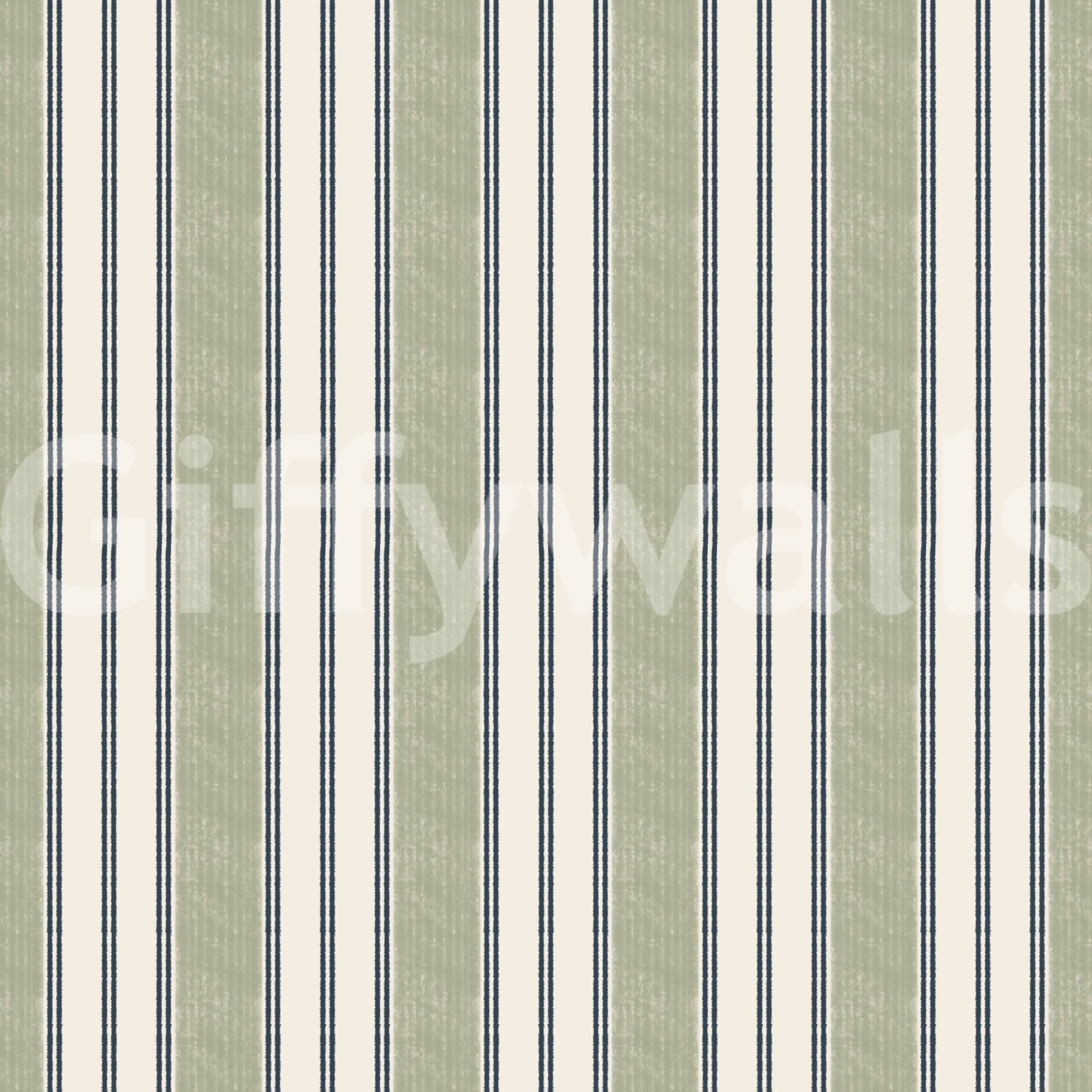 Preppy Grandmillenial ticking stripes-Green wallpaper close-up showing sage and navy stripe detail