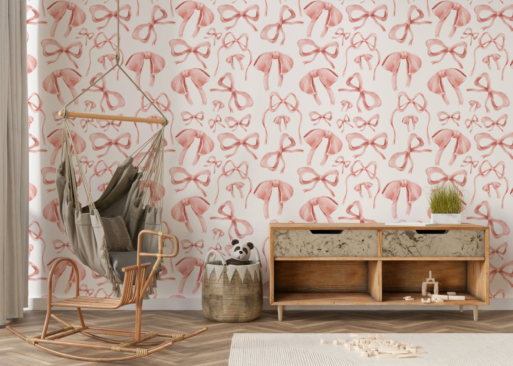 Preppy Pink Watercolor Bows wallpaper pattern print.
