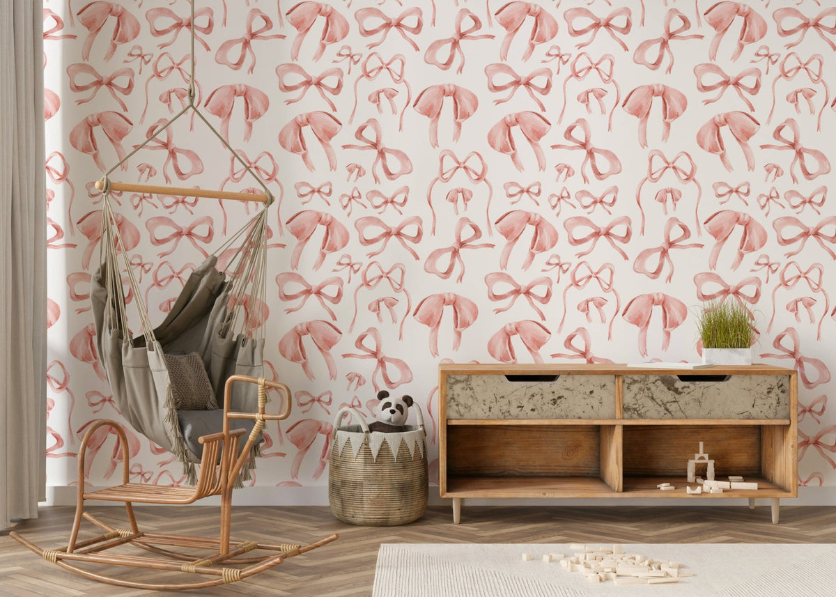 Preppy Pink Watercolor Bows wallpaper pattern print.