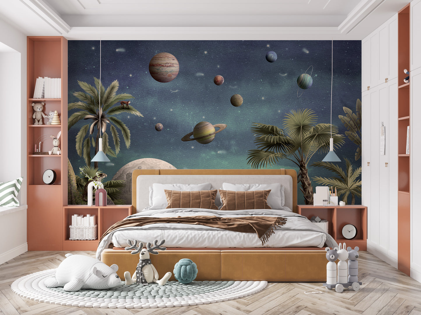 Pretty Planets wallpaper mural with Saturn and planets over palms behind a mustard bed in a kids bedroom