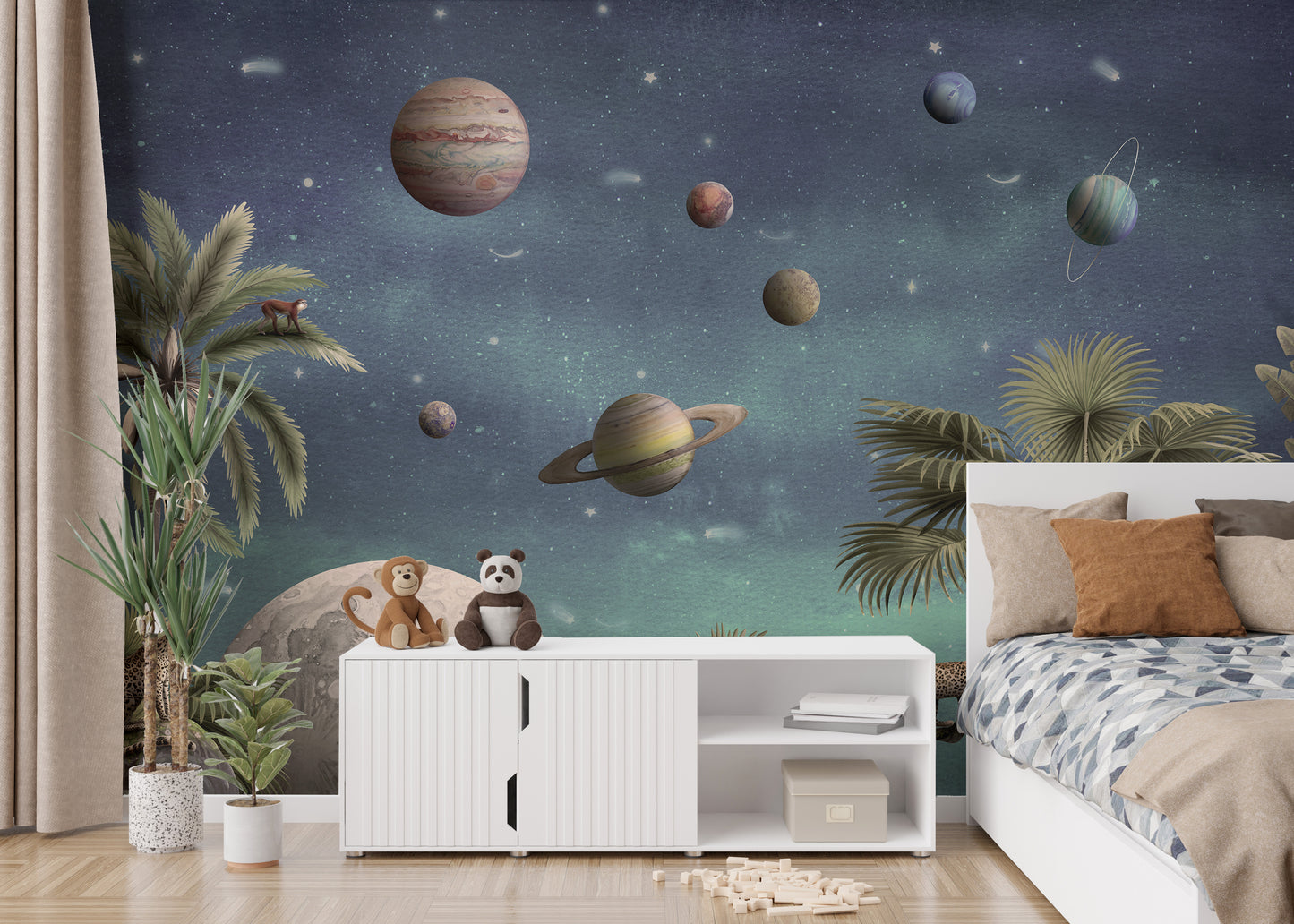 Pretty Planets wallpaper mural with Saturn and planets beside a white bed and sideboard in a kids bedroom