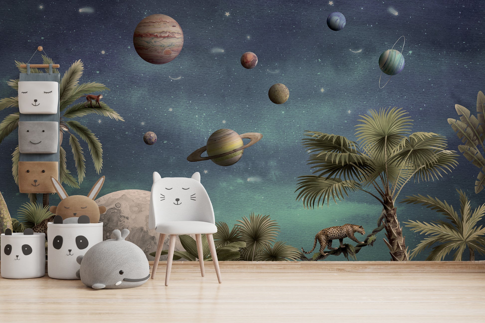 Pretty Planets wallpaper mural of planets over palms behind a white cat chair and panda bins in a kids room