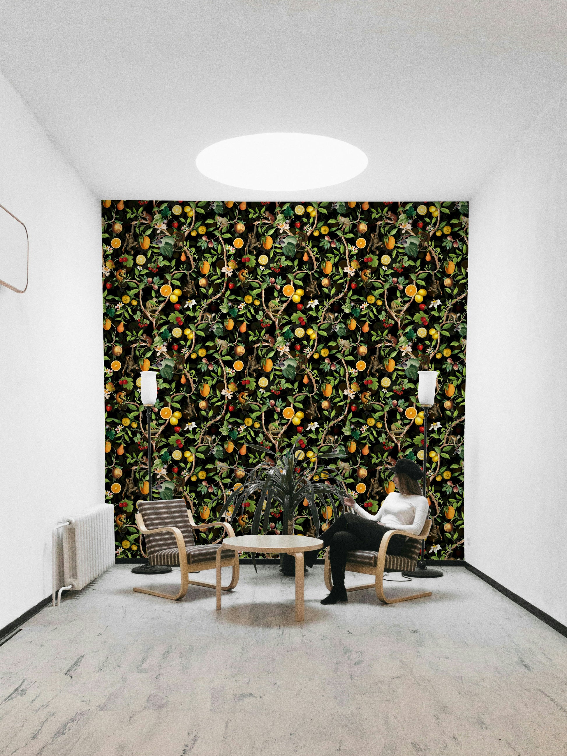 Wallpaper with lively monkeys, bright tropical flowers, and lush greenery.

